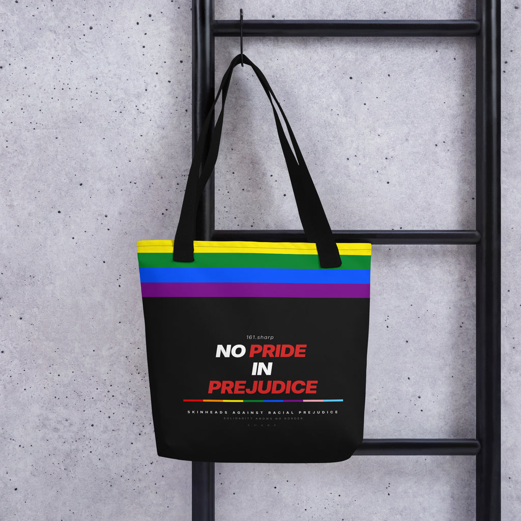 Pride Stoffbeutel — No Pride in Prejudice, Progress Pride Flag, Mockup