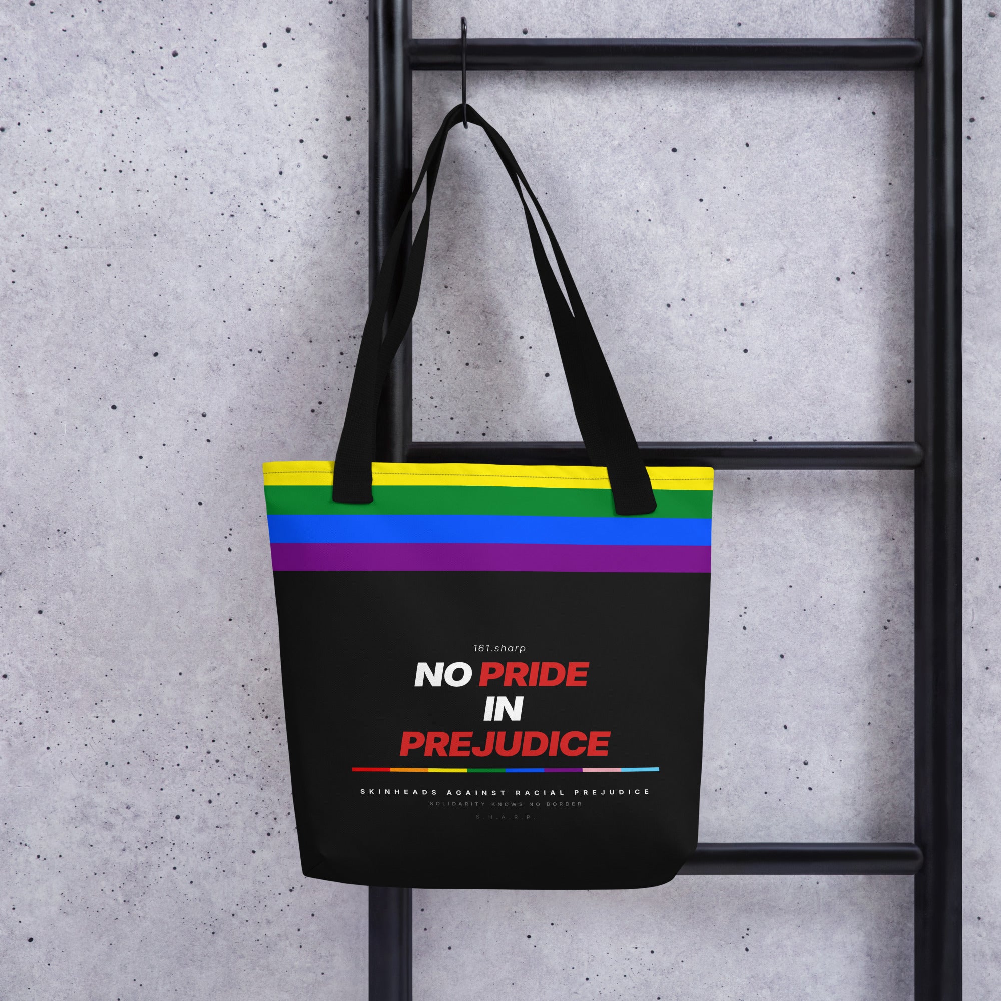 Pride Stoffbeutel — No Pride in Prejudice, Progress Pride Flag, Mockup